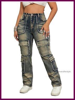 Plus Size Cargo Jeans Frayed Straight Leg Denim Pants